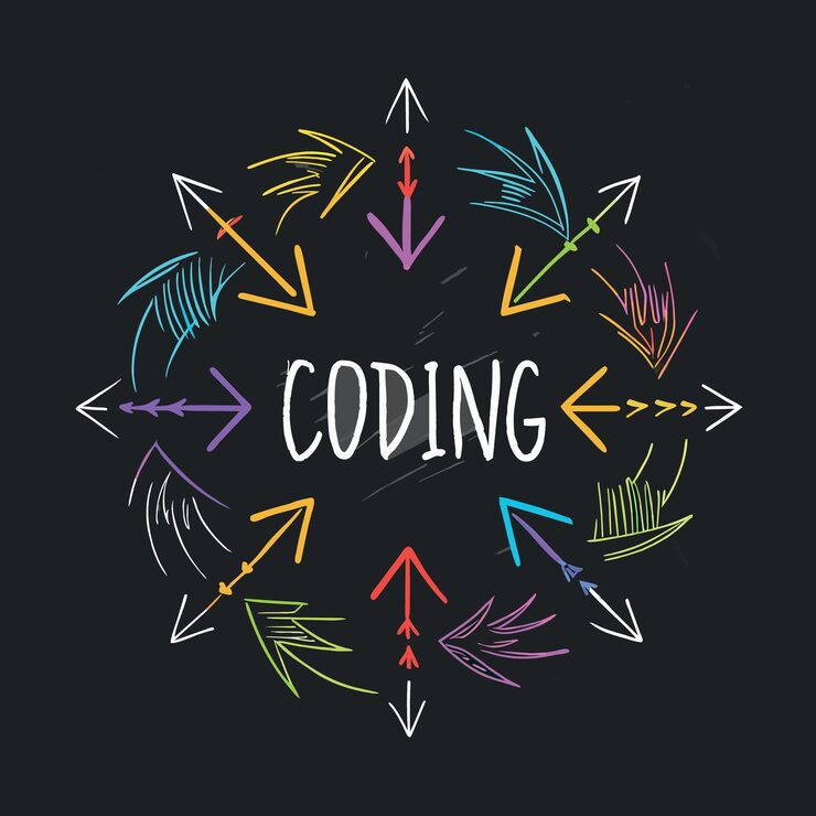 Vector coding for software development or programming concept multi color arrows pointing to the word cod