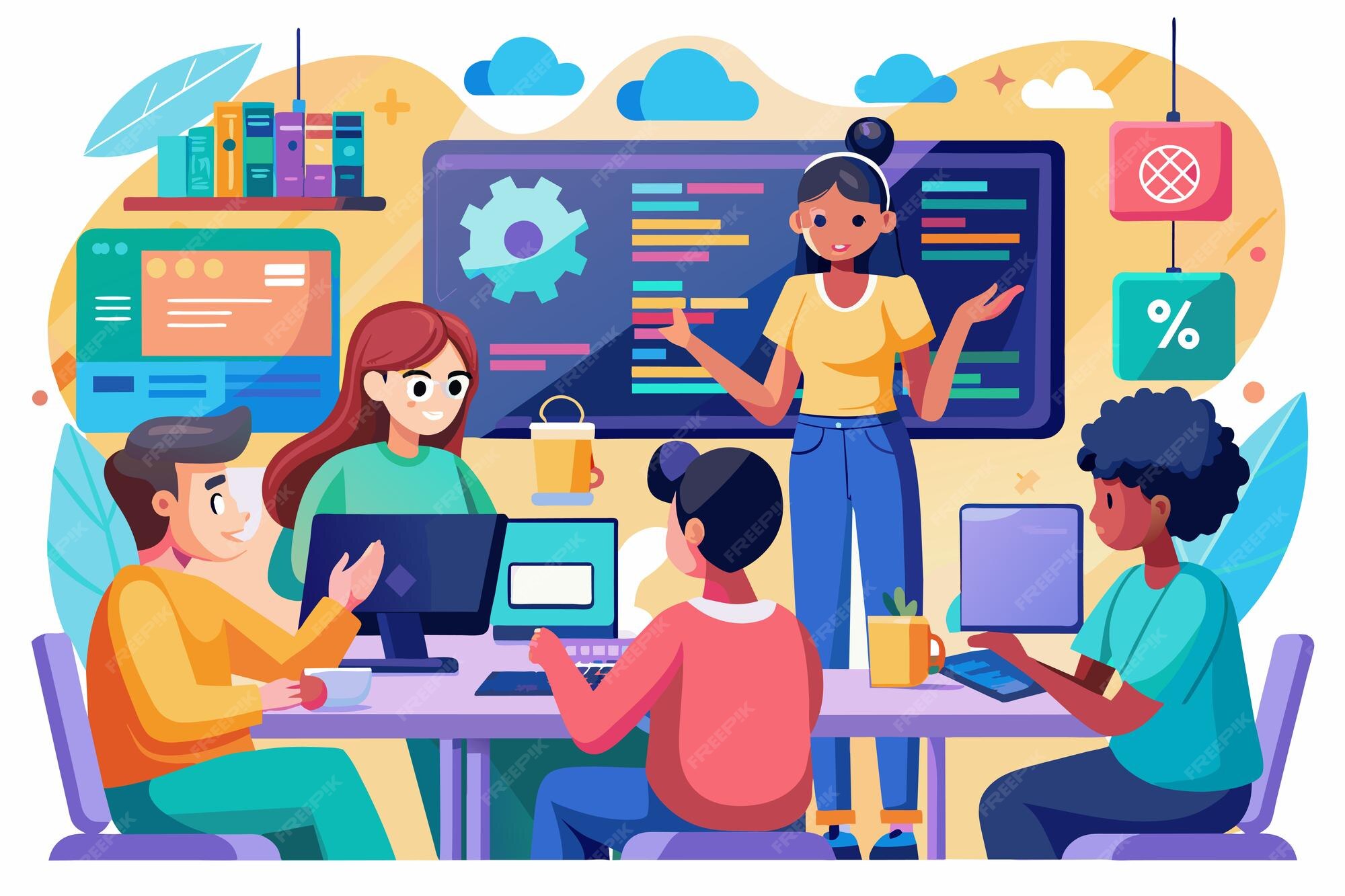 Premium Vector | A coding workshop where students learn programming ...