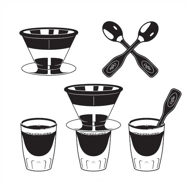 Vector coffe filter spoon and glass of espresso