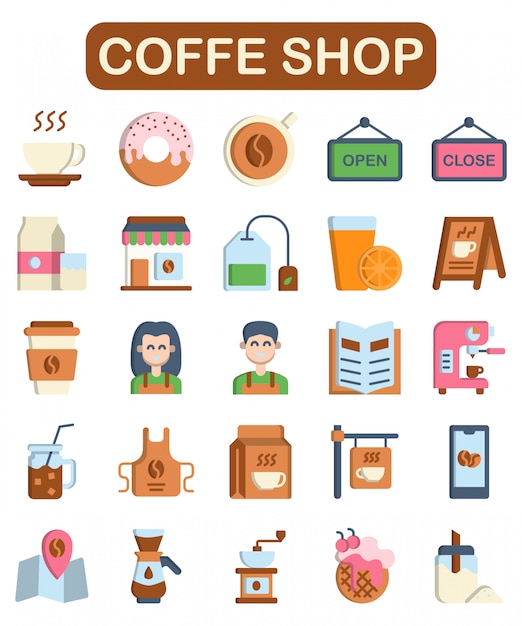 Vector coffe shop icons set, flat style