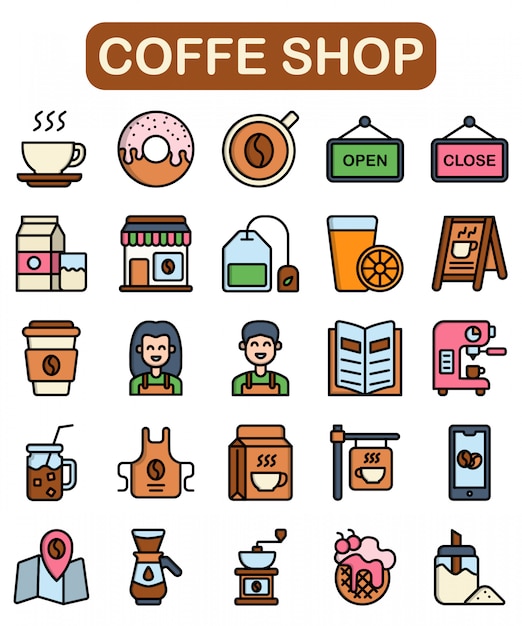 Vector coffe shop icons set, lineal color style