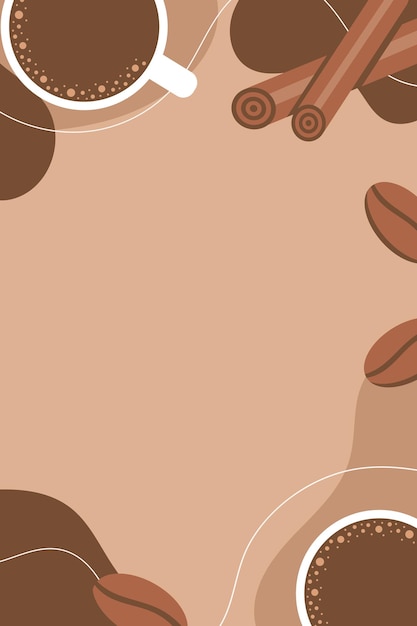 Coffee abstract background with coffee cup coffee beans and cinnamon layout Flat vector illustration