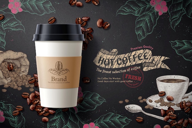 Vector coffee ads takeaway cup packaging with labels in 3d illustration with coffee beans element