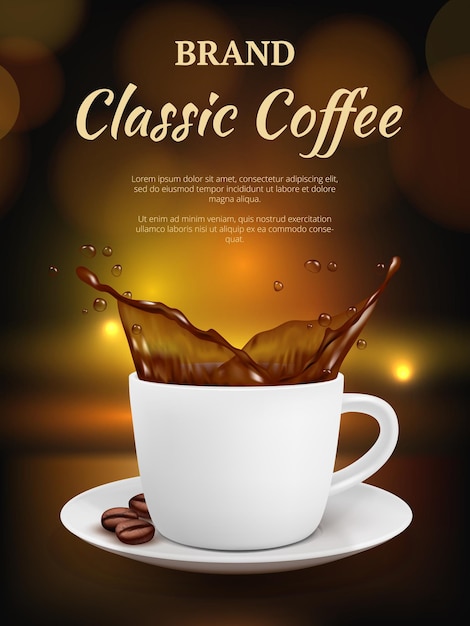 Coffee advertising. Cup with hot drinks and beverage package promotion placard of coffee vector template. Banner cup of coffee, drink advertising to breakfast