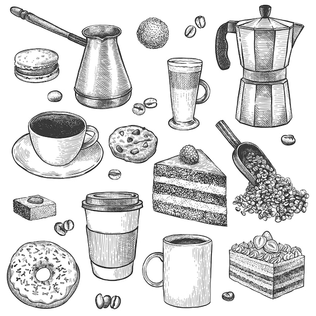 커피와 디저트. 커피 포트와 메이커를 스케치합니다. 컵, 케이크, 쿠키, 머핀, 도넛. 파이, 달콤한 아침 식사 빈티지 벡터 세트입니다. 음료를 만들기 위한 스쿱과 체즈베, 라떼 머그, 에스프레소