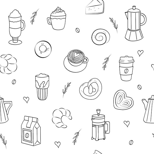 Vector coffee appuccino pot coffee machine bag of beans latte glass seamless vector pattern