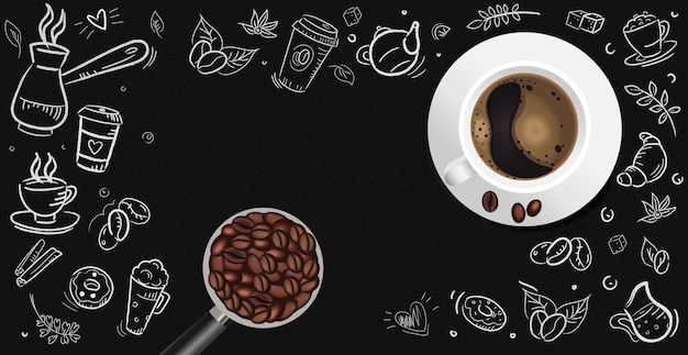 Vector coffee background with realistic cup of coffee - vector illustration