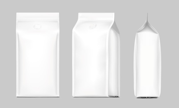 Vector coffee bag package mockup with degassing valve front side and perspective view