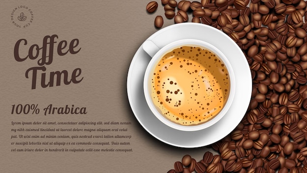 Coffee banner ads retro brown style with latte and coffee beans 3d realistic simple.