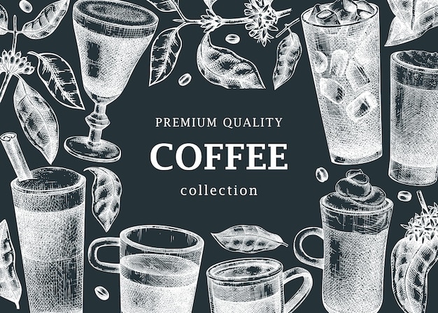 Coffee banner template on chalkboard Vector sketches of mugs with aromatic caffeine drinks