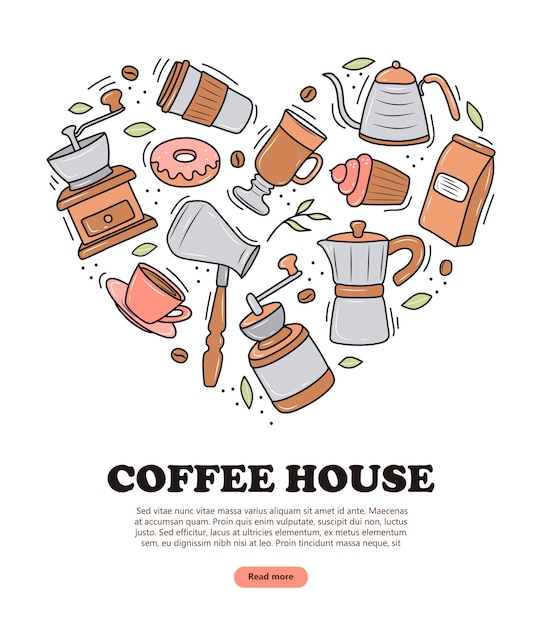 Coffee banner with various coffee makers and desserts on a white background. doodle sketch style. vector illustration for coffee shops, cafes. cute cartoon pictures.