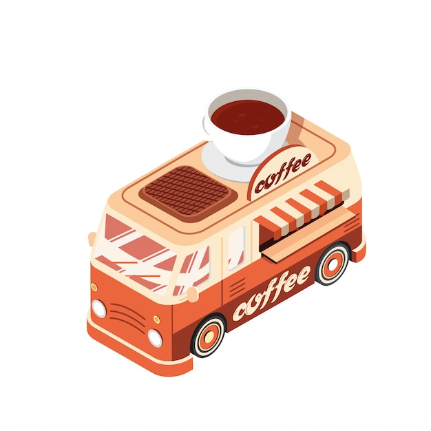 Coffee bar isometric food truck vehicle illustration