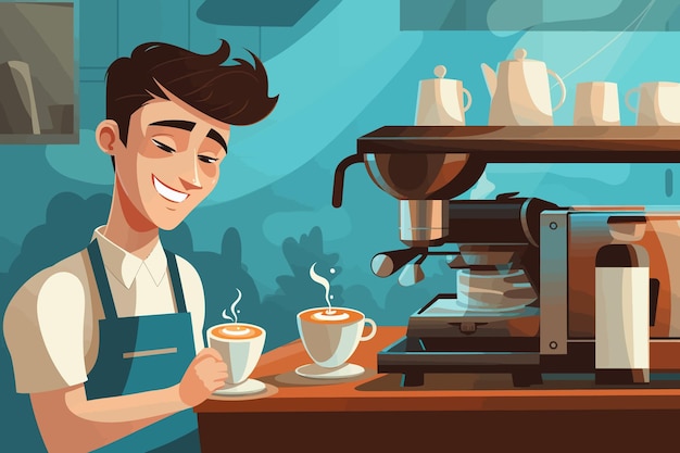 Vettore barista del caffè che prepara l'illustrazione del caffè