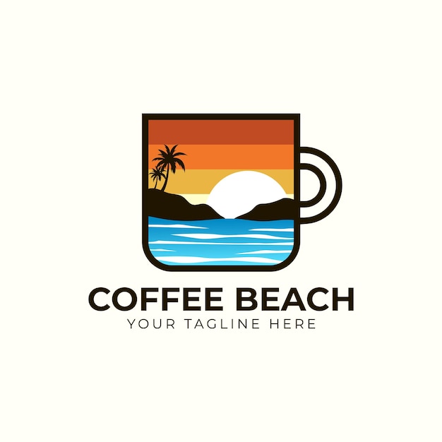 Logo della spiaggia del caffè, tazza di caffè con l'illustrazione dell'icona del logo dell'isola della spiaggia