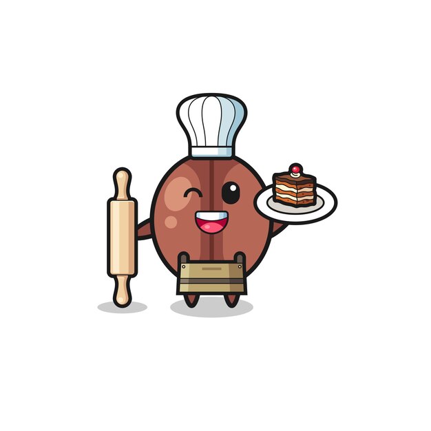 Coffee bean as pastry chef mascot hold rolling pin , cute design