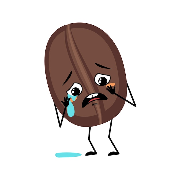 泣いて涙の感情を持つコーヒー豆のキャラクター悲しい顔うつ病の目腕と脚憂鬱な表情とポーズの食品人ベクトルフラットイラスト