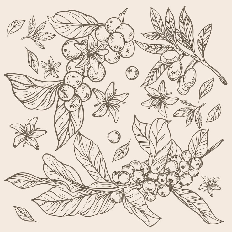 Vector coffee bean and flower rustic sketch