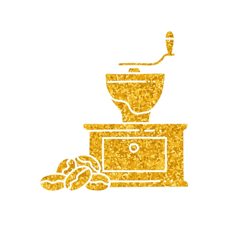 Vector coffee bean and grinder drawing in gold color style