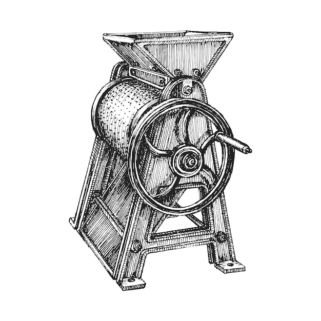 Coffee bean pulper machine hand drawing in vector