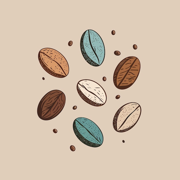 Coffee beans of different colors on a smooth surface