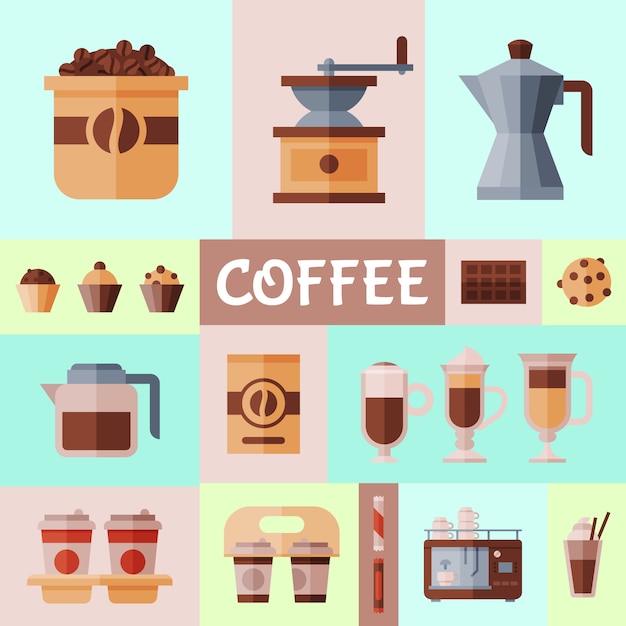 Coffee beans and equipment banner illustration.