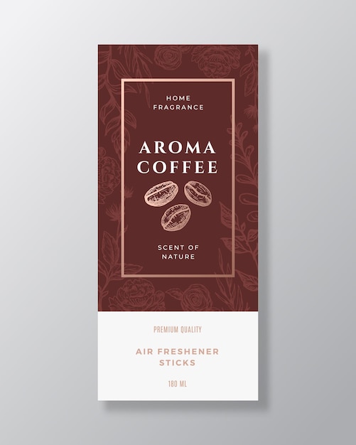 Chicchi di caffè fragranza per la casa modello di etichetta vettoriale astratta schizzo disegnato a mano fiori foglie sfondo e tipografia retrò premium room profumo packaging design layout mockup realistico