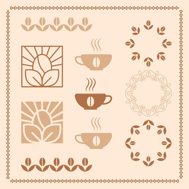 Coffee and beans vector icons collection Big set of eco natural coffee ellements Frames and logos