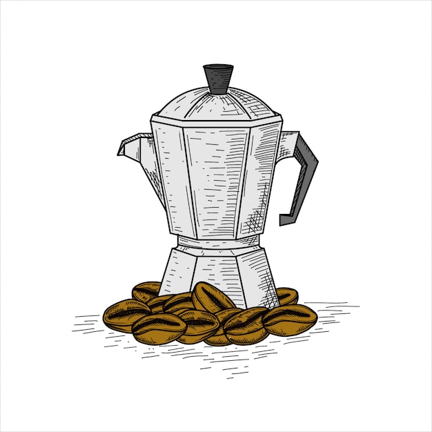 Coffee beans with coffee maker machine, hand drawn vintage  illustration.