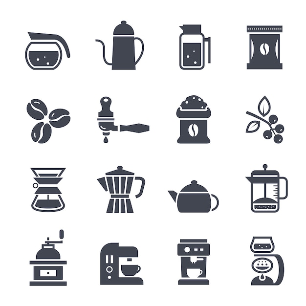 Vector coffee and beverage vector solid icons set on white background