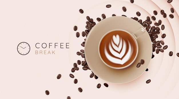 커피 컵과 파스텔 색상 구성표가 있는 커피 브레이크 배경
