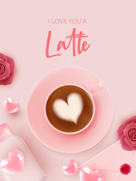 발렌타인 데이 및 파스텔 색상 구성표를 위한 커피 컵이 있는 커피 브레이크 배경