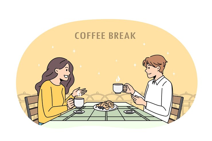 Vector コーヒーブレイクと会話のコンセプト。一緒にチャットを楽しんでいるビスケットとコーヒーブレイクを持って座っているポジティブなカップルの男性と女性ベクトルイラスト