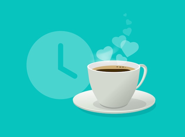 벡터 시계 시계 현대 3d 일러스트와 함께 커피 휴식 시간 아이콘 또는 아침 차 컵 머그잔 아침