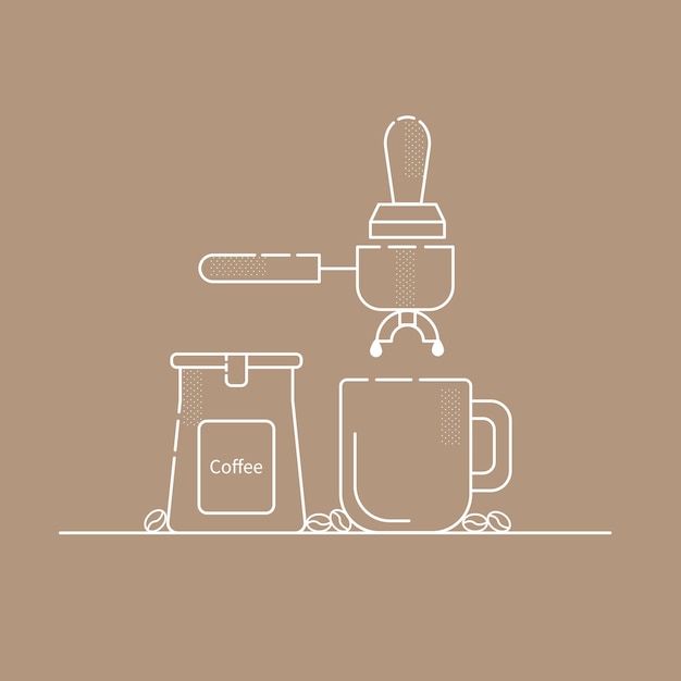 Coffee brewing illustration white  outline isolated with brown background