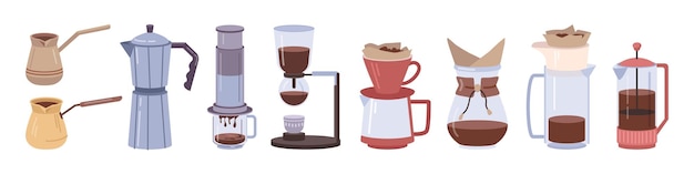 Vector coffee brewing machines and cezve