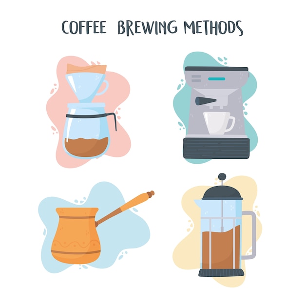 Vector coffee brewing methods, coffee maker turkish machine french press illustration