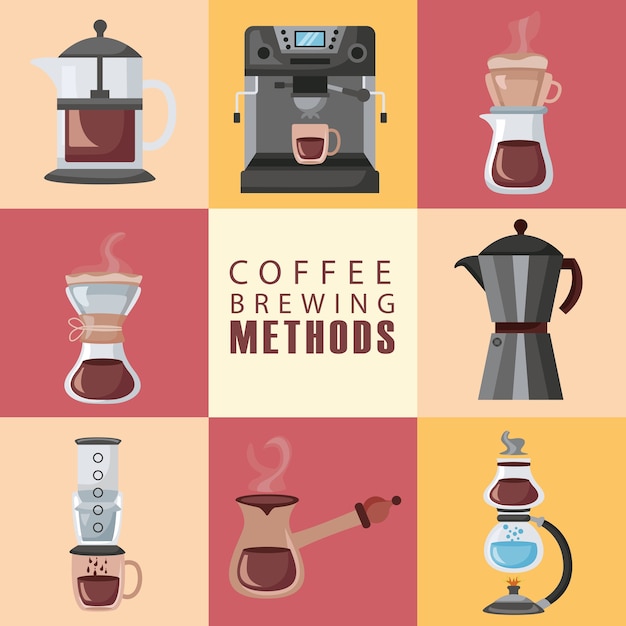 Illustrazione di metodi di preparazione del caffè e set di icone