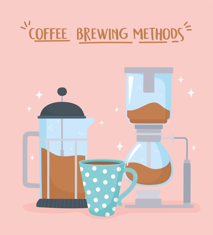 Vector coffee brewing methods, syphon french press and coffee cup illustration