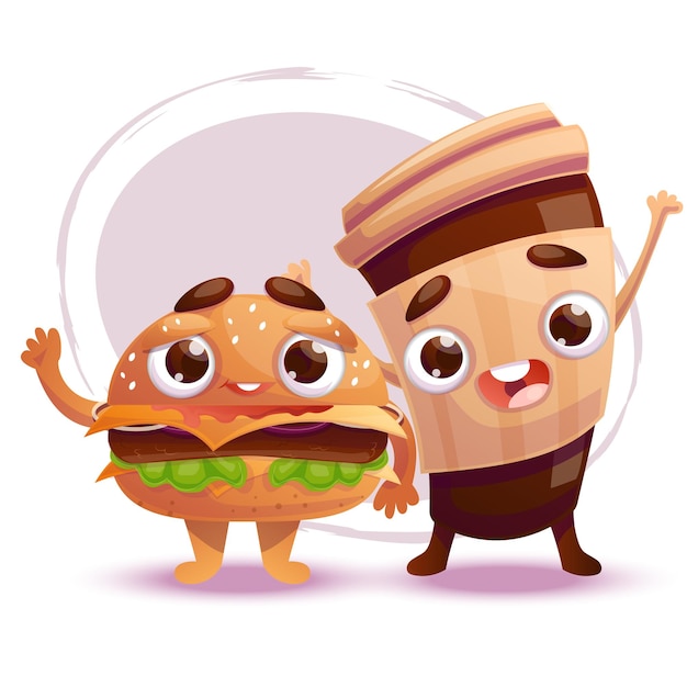 Coffee and burger cartoon characters