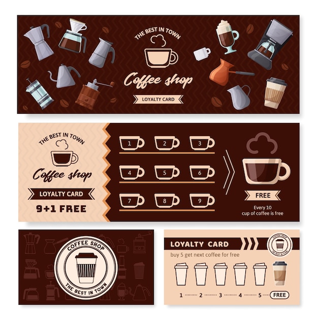 커피 카페 충성도 카드 수집 우표 쿠폰 카페 선물 보너스 및 무료 바우처 벡터 템플릿에 대한 컵 받기