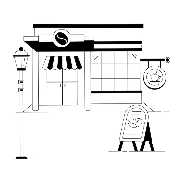 Vector coffee and cafe shops linear illustrations