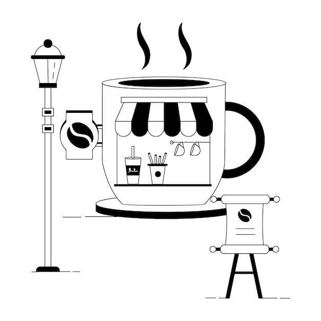 Illustrazioni lineari di caffetterie e caffetterie