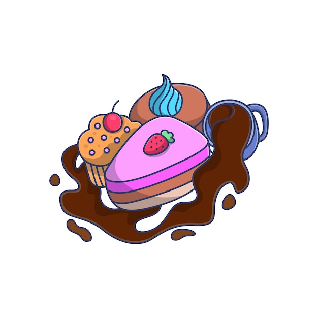 Vector coffee and cake cartoon illustration