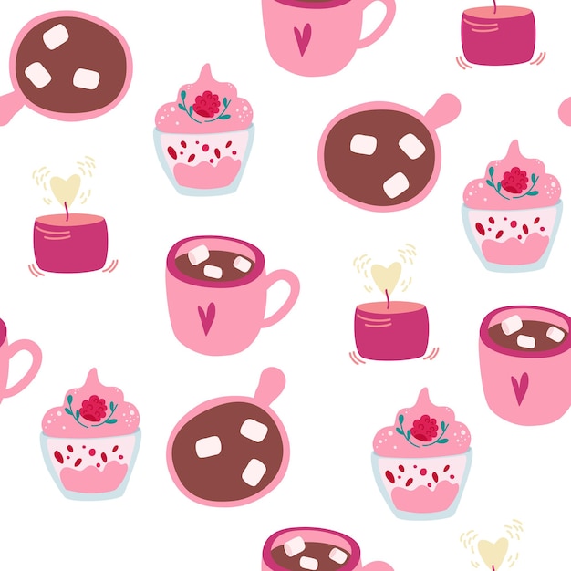 Vector coffee and cakes seamless pattern. marshmallow, strawberry, pancetta and candles. perfect for valentineâs day gift wrapping, fabric, poster or banner background. vector cartoon illustration.