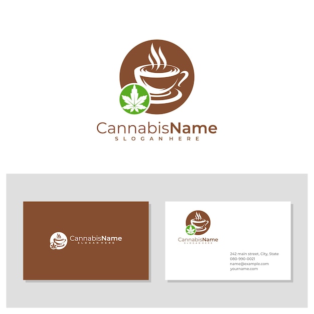 Логотип coffee cannabis с шаблоном визитной карточки creative drink cannabis logo design concept