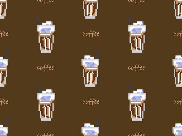 Vector coffee cartoon character seamless pattern on brown background pixel style