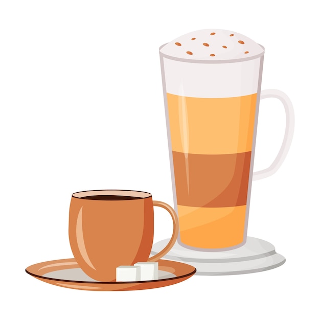 Иллюстрация шаржа кофе. слоеный кофеиновый напиток. карамельный макиато со взбитыми сливками. черный чай. чашки с горячими напитками плоский цветной объект. капучино, изолированные на белом фоне