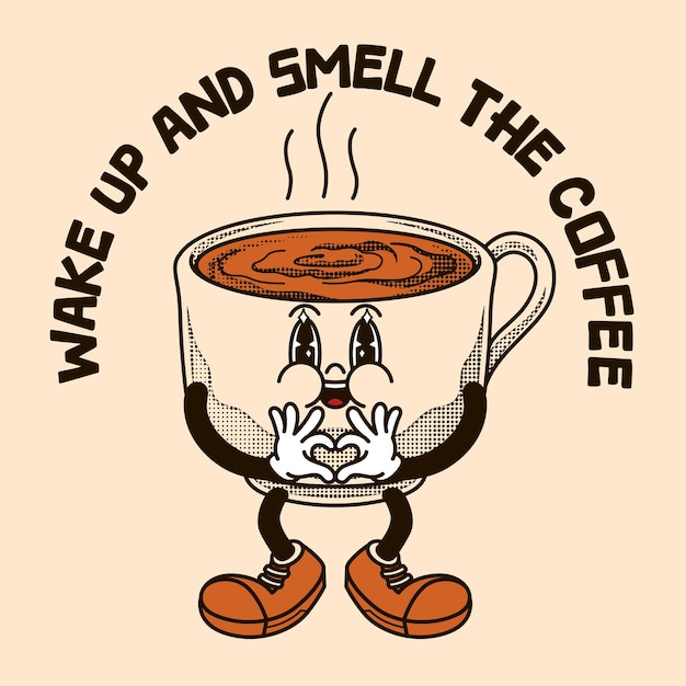 벡터 슬로건이 포함된 커피 캐릭터 디자인 깨우고 커피 냄새 맡기