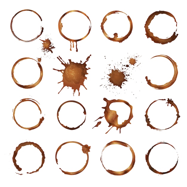 Circoli di caffè. gli anelli sporchi spruzza e cade dal modello di vettore della tazza di caffè o del tè