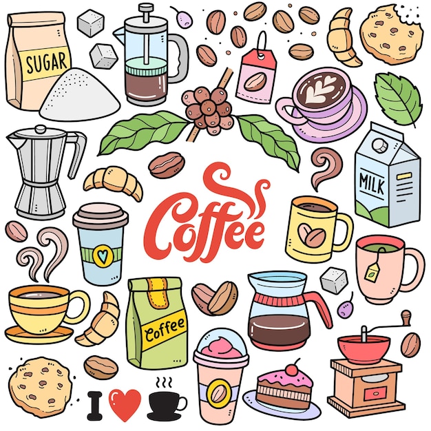 벡터 커피 다채로운 벡터 그래픽 요소와 낙서 삽화